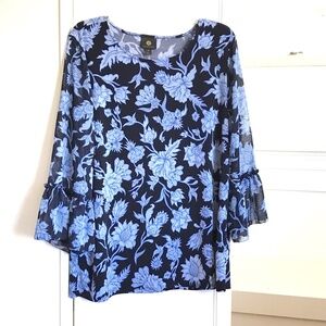 JM COLLECTION Floral Bell Sleeve Blouse Round Neck Blue Women’s Size XL Size 1X
